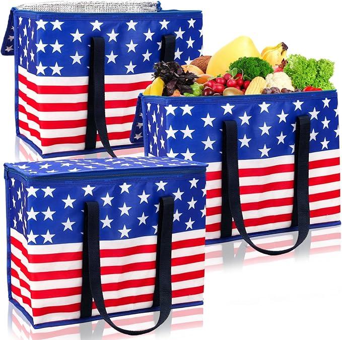 AnyDesign 3Pcs Patriotic Insulated Reusable Grocery Bags with Hard Bottom & Handles 4th of July American Flag Foldable Large Tote Cooler Bags for 250 Anniversary Hot Cold Drink Fresh Food Delivery