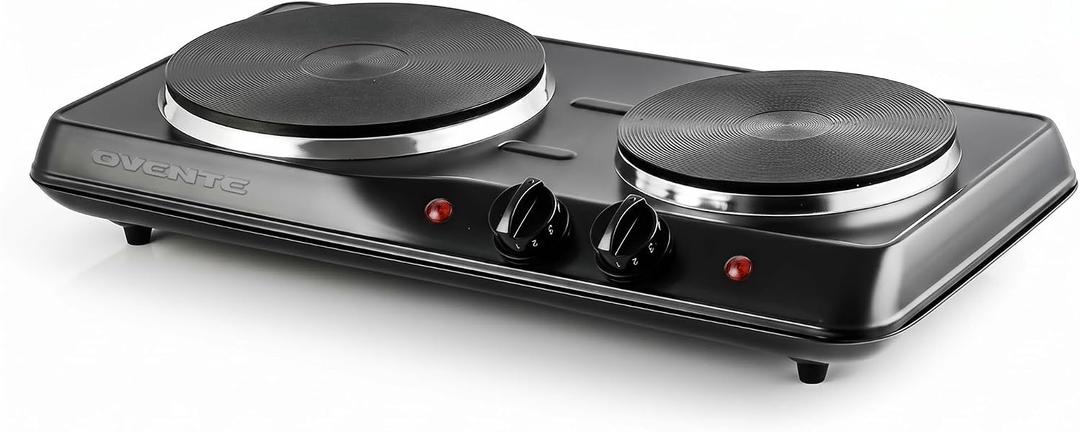 OVENTE Electric Cast Iron Double Burner, 1700W Hot Plate, Black BGS102B