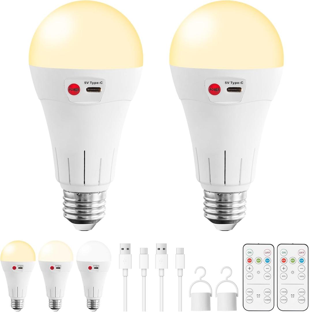 Vitnucrol 2 Pack Rechargeable Light Bulbs with Remote, E26 Wireless Battery Operated Light Bulb for Lamps, 2600mAh 3 Colors Dimmable Emergency LED Light Bulbs, 7W, 300LM