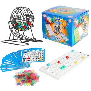 Popular Playthings Deluxe Bingo Game Set, Metal Cage with Reusable Cards and Marker Chips, Board Game Set for Adults and Kids - 18 Cards & 150 Chips