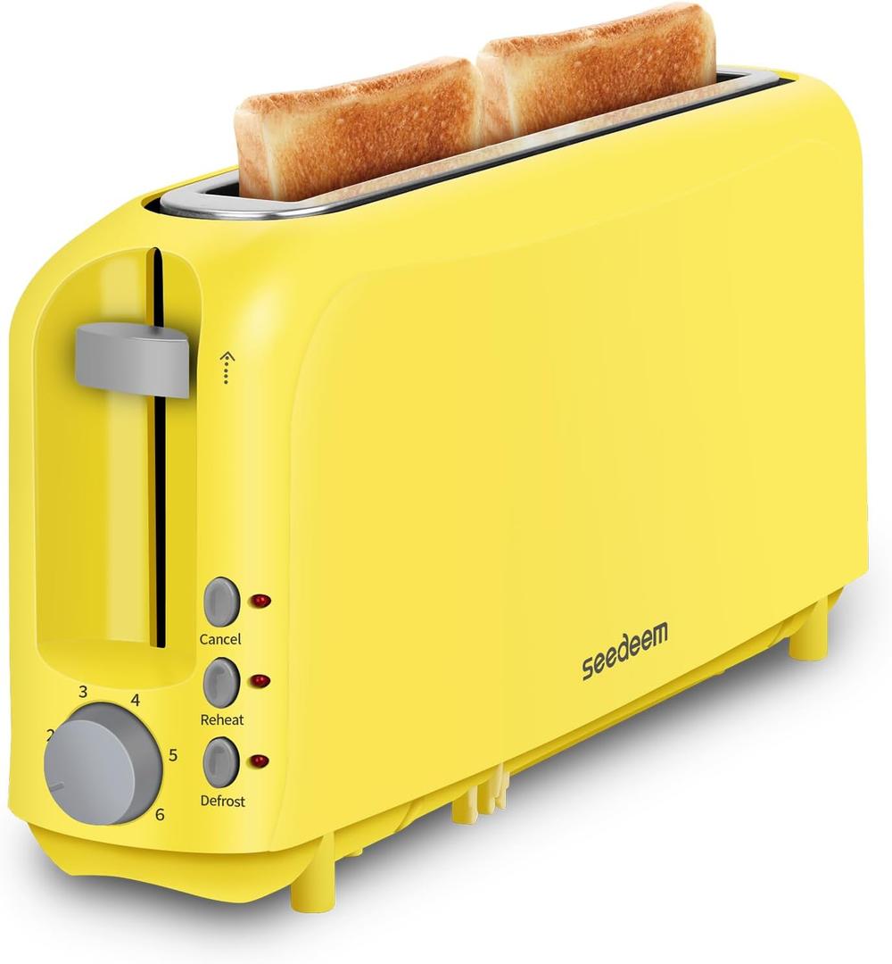SEEDEEM 2 Slice Slim Toaster, Single 10" Long Slot Toaster Fits Bagels & Artisan Bread, 6 Shade Settings, Cancel/Reheat/Defrost, Removable Crumb Tray, Auto Shut-Off, Yellow (3.54 x 14.37 x 6.89 inches)