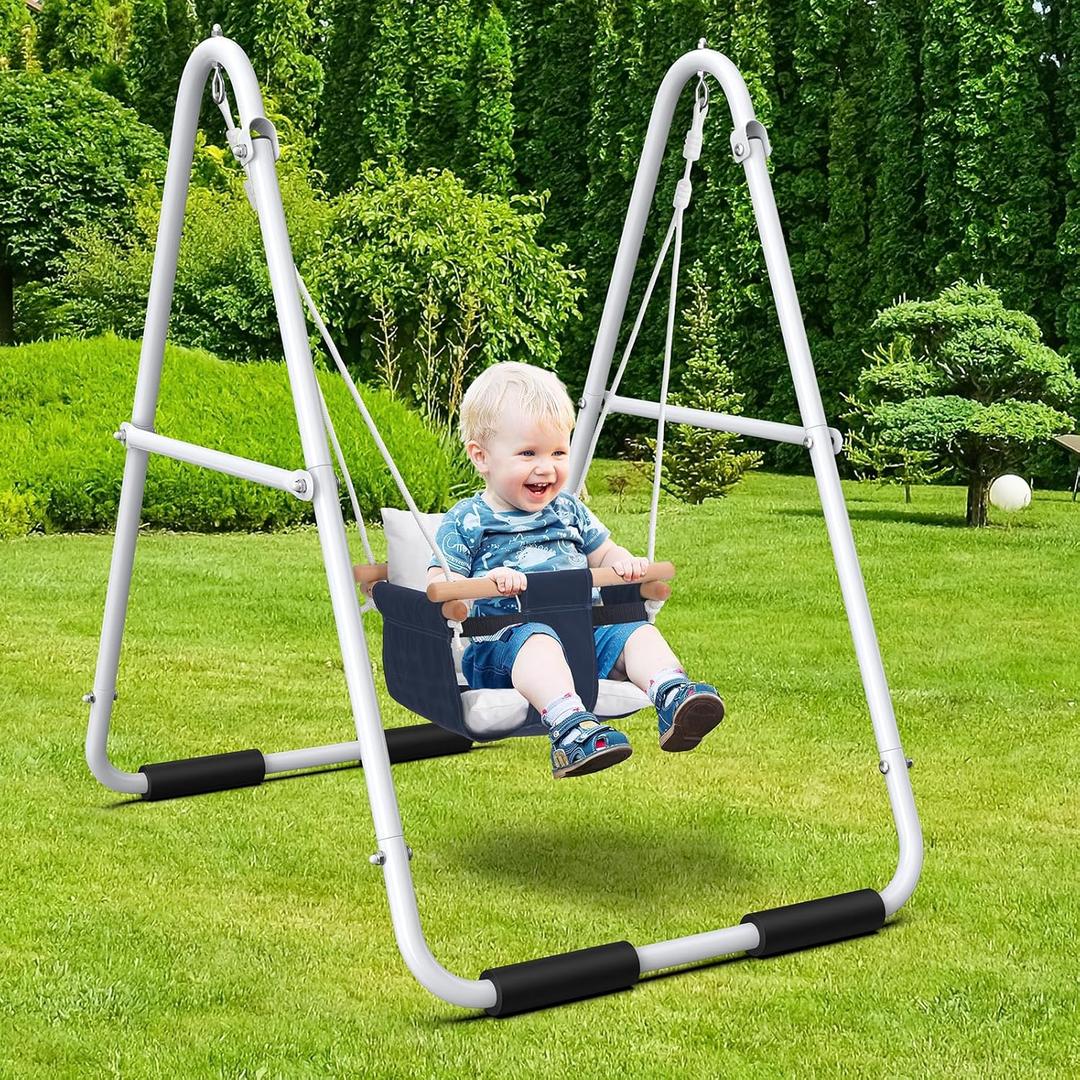 Hapfan Toddler Swing, Baby Swing with Heavy Duty Foldable Stand, Indoor Outdoor Swing Set for Aged 1-3, with Canvas Cushion Seat, 55lbs Capacity (Dark Blue)