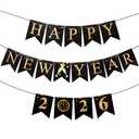 Happy New Year Banner Decorations 2026,Large Size 16.4 Feet New Years Eve Decorations Happy New Year Sign No DIY Hanging Gold Black Paper Flag Bunting for New Years Backdrop NYE Party Supplies 2026