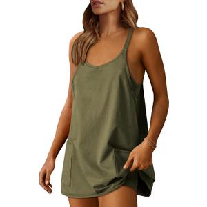 ANRABESS Women Athletic Dress Summer Tennis Workout Active Sports Mini Romper Dress Built in Shorts Travel Vacation Clothes (Large, Army Green)