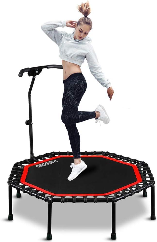 ONETWOFIT 51" Silent Trampoline with Adjustable Handle Bar, Fitness Trampoline Bungee Rebounder Jumping Cardio Trainer Workout for Adults (Red)