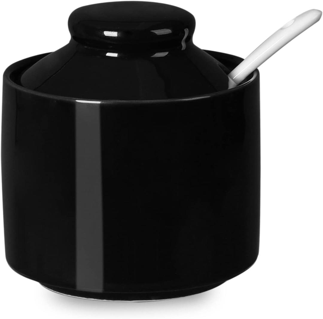 ONTUBE Ceramic Sugar Bowl with Lid and Spoon, Porcelain Seasoning Box Salt Bowl,8oz (Black)