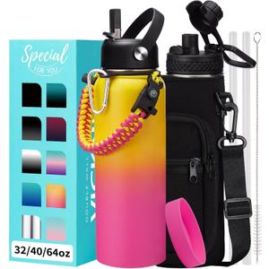 40 oz Water Bottle with Straw - Stainless Steel Water Bottles Insulated w/Auto Spout Lid, Strap Carrying Case, Paracord Handle, Silicone Boot, Triple Wall Metal Water Flask Thermo Mug Keep Cold Hot (Candy)