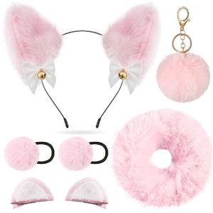 Cat Ears Headband with hair accessory setPlush Halloween Headwear Xmas Themed Party Various styles of hair clips and hairbands (Pink)