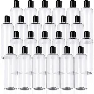 Nuenen 24 Pieces Plastic Empty Bottles Clear Squeeze Travel Containers with Black Disc Cap Refillable Shampoo Travel Bottles for Toiletries Lotion Container for Body Soap Cream(16 oz)