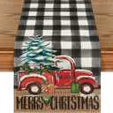 Artoid Mode Buffalo Plaid Merry Christmas Tree Table Runner, Seasonal Truck Gifts Kitchen Dining Table Decoration for Outdoor Home Party 13x108 Inch (Black/White)