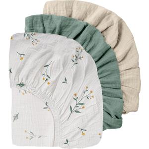Baby Muslin Mini Crib Sheets 3 Pack, Breathable Pack and Play Sheets Fitted Soft Cozy Cotton Pack N Play Sheets for Baby Boy Girls, Universal Fitted Mini Crib Mattresses 38"x26"