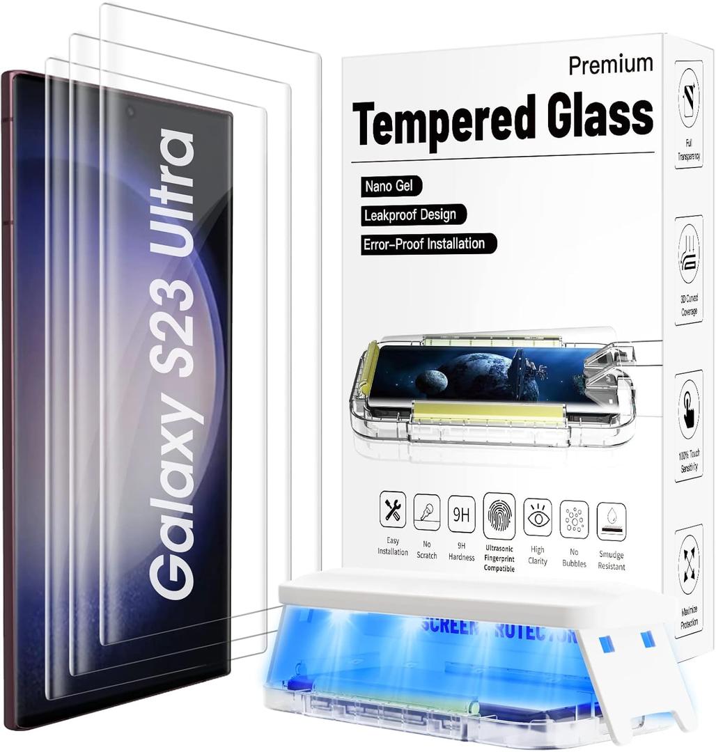 3 Pack Galaxy S23 Ultra Screen Protector Tempered Glass 3D Curved Edge 100% Fingerprint Unlocking, Scratch & Impact Protection HD Clear & Smooth Touch for Samsung S23 Ultra