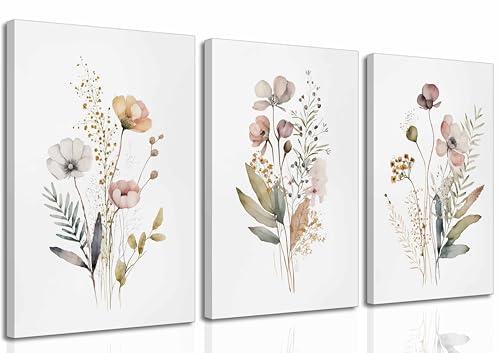 3Pcs Watercolor Wildflower Canvas Wall Art Modern Minimalist Colorful Botanical Floral Painting Pictures Wall Decor Flower Posters Print Artwork for Living Room Bedroom Woman's room Home Decoration