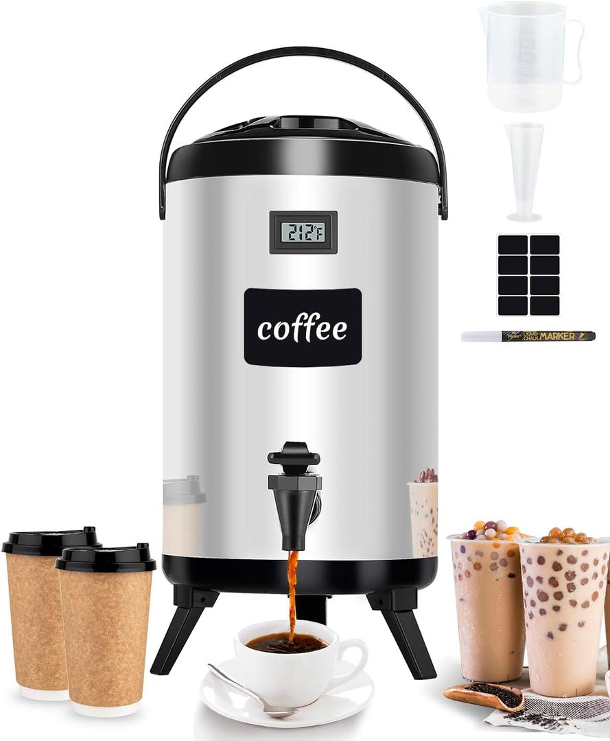 Insulated Beverage Dispenser 2.2 Gal - Hot Drink Dispenser 304 Stainless Steel w/Real-time Thermometer Iced Beverage Dispenser Water Milk Tea Coffee for Parties Catering Commercial w/Labels, Silver