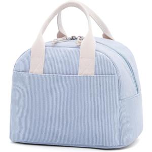 Insulated Cloud Blue Lunch Bag for Women, Stylish Corduroy Tote with Aluminum Lining, Large Capacity Reusable Cooler for Work, Travel, Beach or Picnic, Cloud Blue Water-Resistant Lunch Box