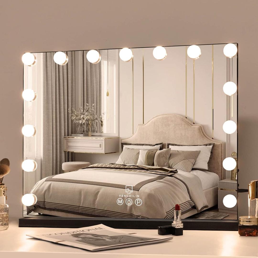 FENCHILIN Vanity Mirror with Lights,Hollywood Lighted Mirror with Dimmer Bulbs, Vanity Makeup Mirror Smart Touch Control (Black) (B-black-usb+typec Charging)