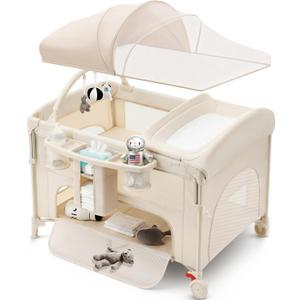 Pack and Play,Baby Bassinet,Playpen,Crib, Diaper Changer,Khaki | 4 in 1 Pack n Play with One-Hand Setup, Comes with Mattress,Mosquito Net,Storage Basket, Suitable for Newborn to Toddler
