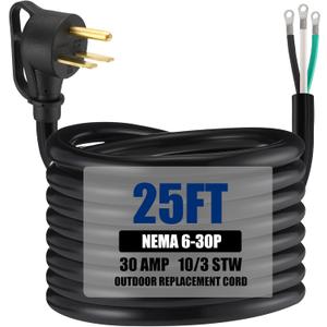 Kanayu 25 FT 10AWG 3 Prong Replacement Power Cord Compatible with NEMA 6-30p 30 Amp 250v Welder Extension Cable with Open End for Welder Dryer Garage Heater Generator Ev Chargers, Etl Listed