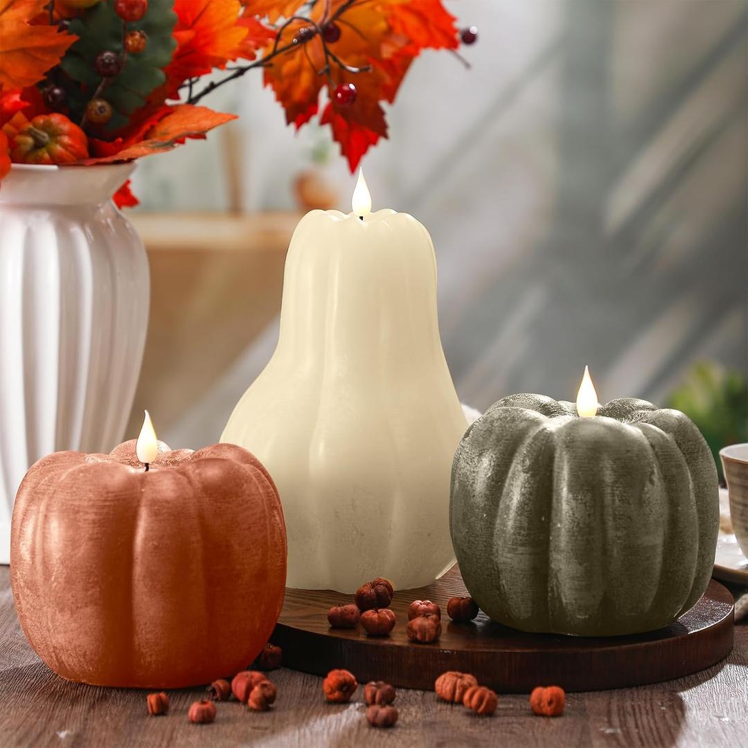 Baquler 2 Pcs Halloween Pumpkin Flameless Candle LED Farmhouse Rustic Thanksgiving Wax Flickering Candle Decorations Gifts for Autumn Fall Harvest Holiday Table