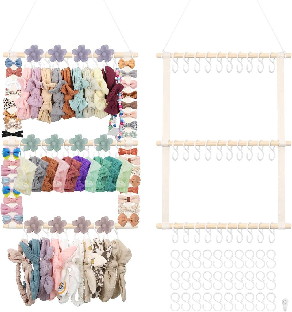 Munzong Headband Holder,Beige Bow Organizer for Baby Girls, Nursery Wall Hanging Clip Storage w/ 30 Hooks, Hair Accessories Organizer Rack Shelf for Toddler Kids Room Decor 15x20inch