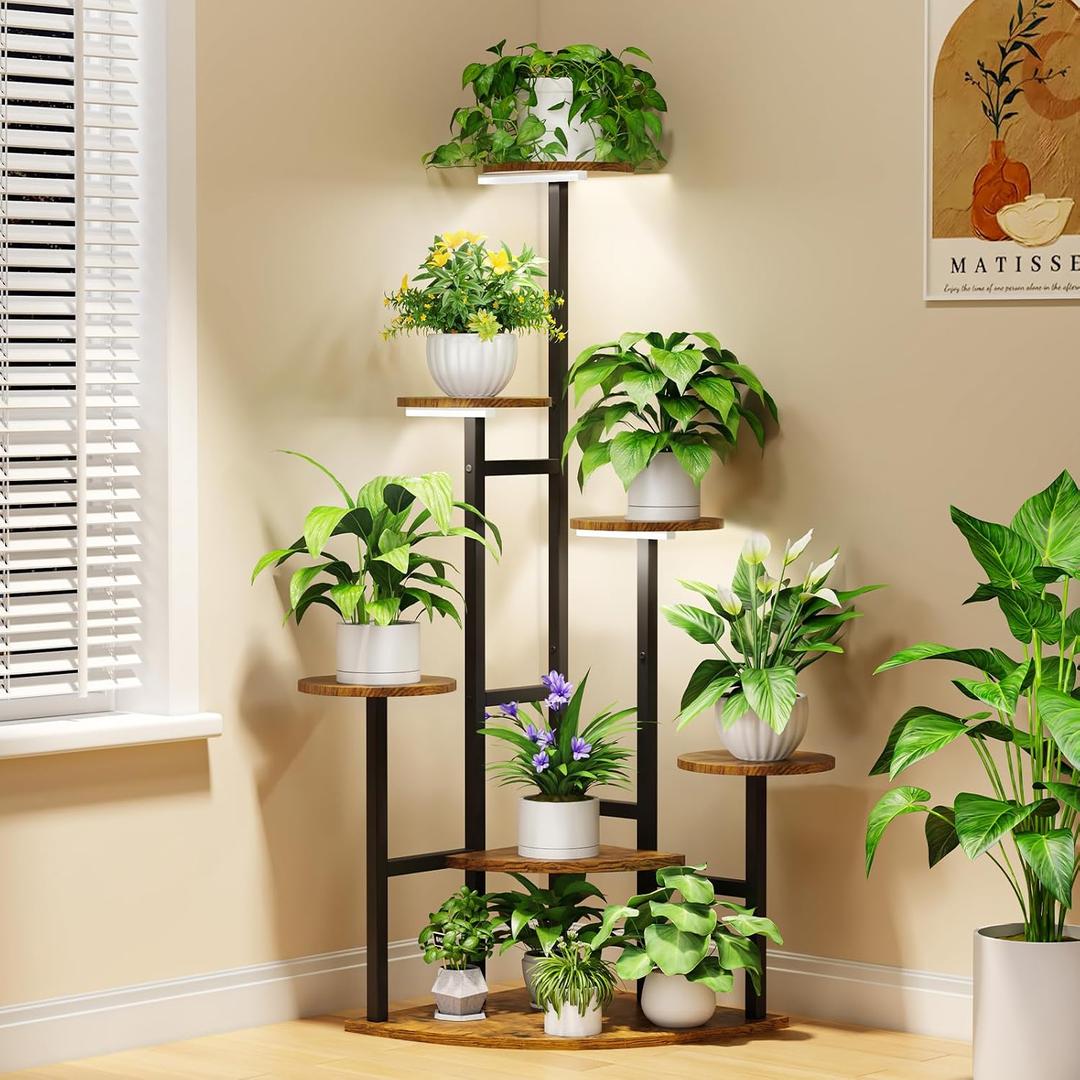 Corner Plant Stand with Grow Lights, 7 Tiered Plant Shelf Indoor, 43" Corner Plant Stands for Indoor Plants, Metal Plant Flower Display Shelves, Plant Organizer Rack for Living Room, Balcony, Home Decor (Round)