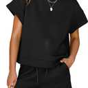 Dokotoo Women's 2 Piece Outfits Sweatsuit Casual Short Sleeve Pullover Tops and Drawstring Shorts Pants Lounge Sets (Black, M)