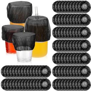 Baderke 64 Pcs Scrunchie Drink Covers Bulk Disposable Plastic Covers for Cups Covers for Beverage Protection Covers for Christmas Bar Club Adult Drink Beverage Stretchable(Clear Black)