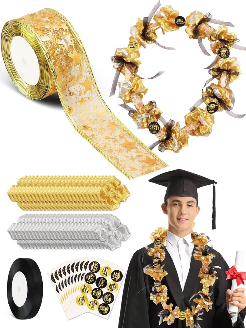 Extpro 10 Sets Graduation Candy Lei Making Kit, DIY Candy Lei Tubing Include 49ft Candy Lei Bags 147.6ft Ribbon 300Pcs Flower Pieces 10 Sheet Stickers for Graduation Congrats Celebrating Party (Gold)