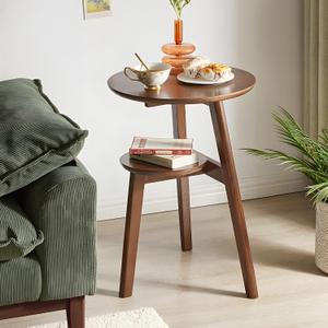 2-Tier Round Side Table, Solid Wood Mid Century Modern End Table, Walnut Nightstand with Storage Shelf for Living Room and Bedroom, 16.54" Dia x 23.62" H