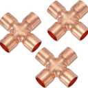 PATIKIL 1/2"(12.7mm) Copper Cross Pipe Fitting, 3 Pcs 4 Way Welding Copper End Feed Equal Pipe Connector for Plumbing Air Conditioning Refrigeration