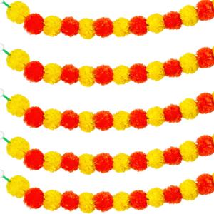 Orgrimmar Marigold Garland for Decoration,5 Pcs of 5-Feet Long Artificial Flower Garlands,Indian Dcor for Pooja, Wedding, Halloween, Diwali,(Yellow & Red) (Multi Color)