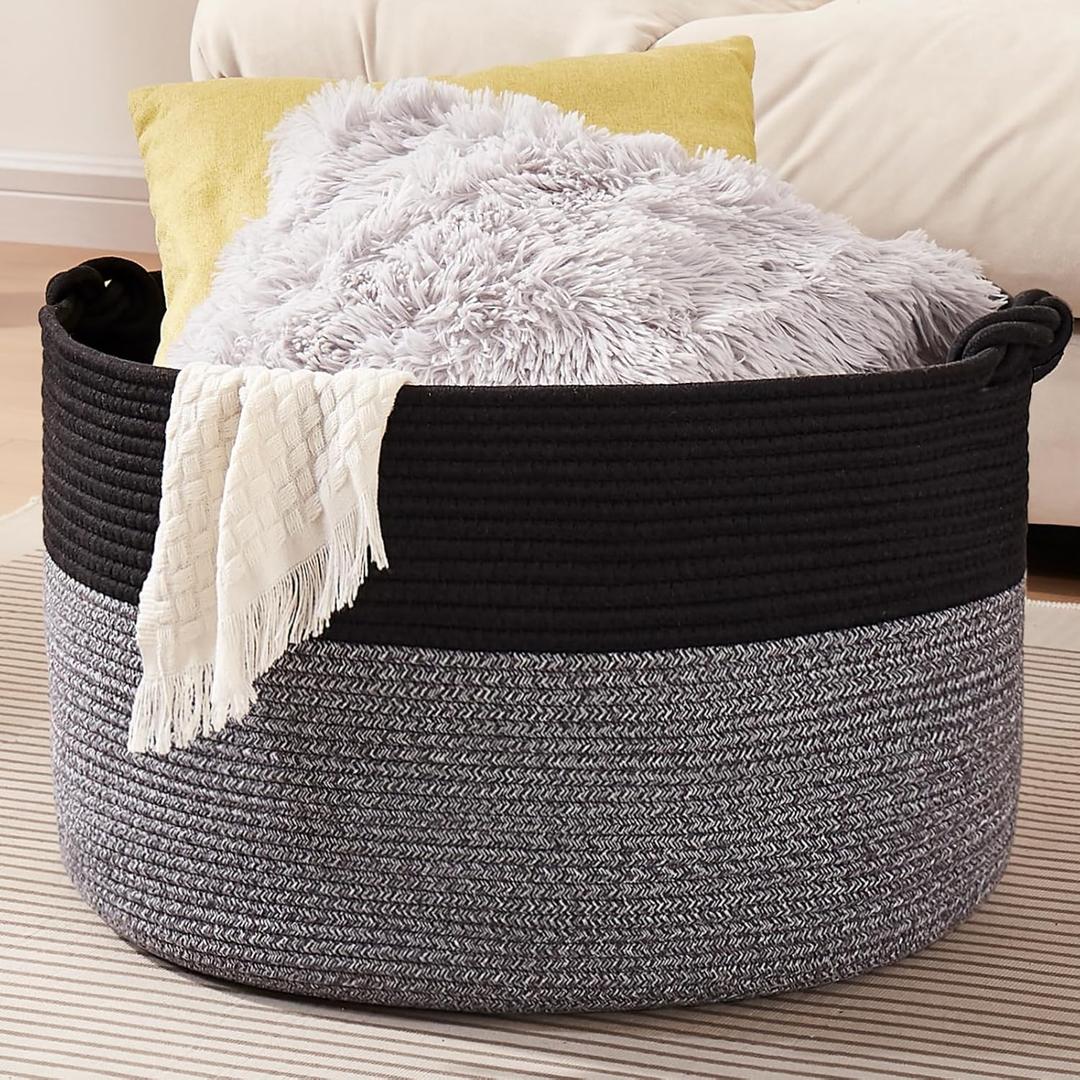 Large Blanket Storage Basket for Living Room, 22.8" x 22.8" x 13" Woven Cotton Rope Basket with Handles, Baby Toy Storage, Laundry Hamper for Clothes, Pillows, Towels-Black and Grey (90L)