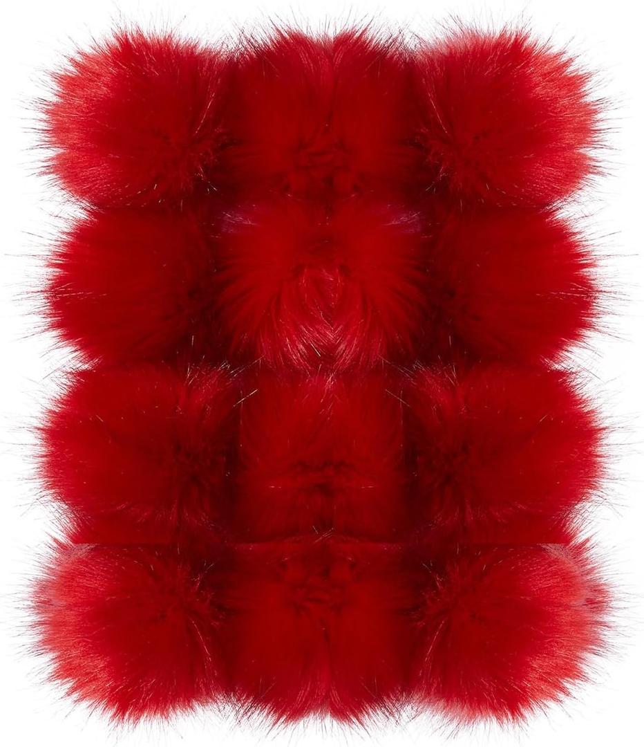 12 Pieces Faux Fur Pom Pom Balls Fur Fluffy Pompom Ball with Elastic Loop for Hats Shoes Scarves Gloves Scarves Bag Key Chain Charms Accessories (Bright Red)