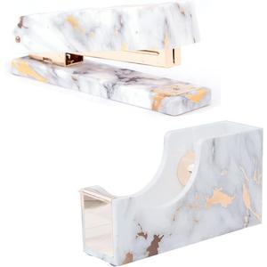 Acrylic Marble White Office Desk Set - Stapler & Tape Dispenser, Heavy Duty Office Supplies - Desk Accessories Set with 1000Pcs 24/6 Rose Gold Staples
