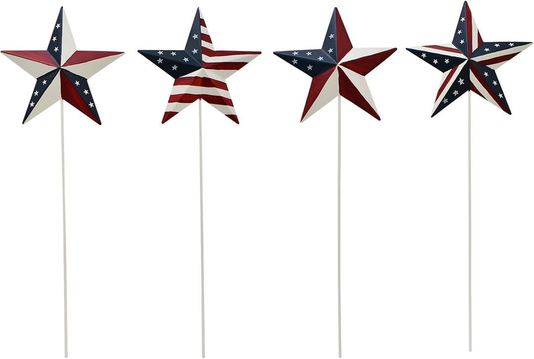 Morning View American Flag Barn Star Garden Stake Set of 4, Metal Patriotic Garden Stake Decorative USA Yard Signs Outdoor US Flags Lawn Porch for 4th of July Memorial Day 15.75 Inches Tall