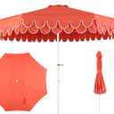 JONATHAN Y UMB1002F Tracy 9 ft. Classic MidCentury Scalloped Fringe Market Patio Umbrella with Auto-Tilt Crank, Wind Vent and UV Protection in Coral Red/White, White Pole, 107 inches diameter and 99 inches height