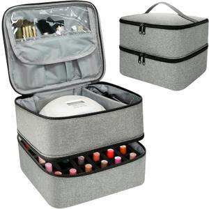 Nail Polish Organizer Bag, Double-Layer Nail Supplies Organizer Holds 30 Bottles & Nail Lamp, Professional Nail Kit Storage Carrying Case (Gray)
