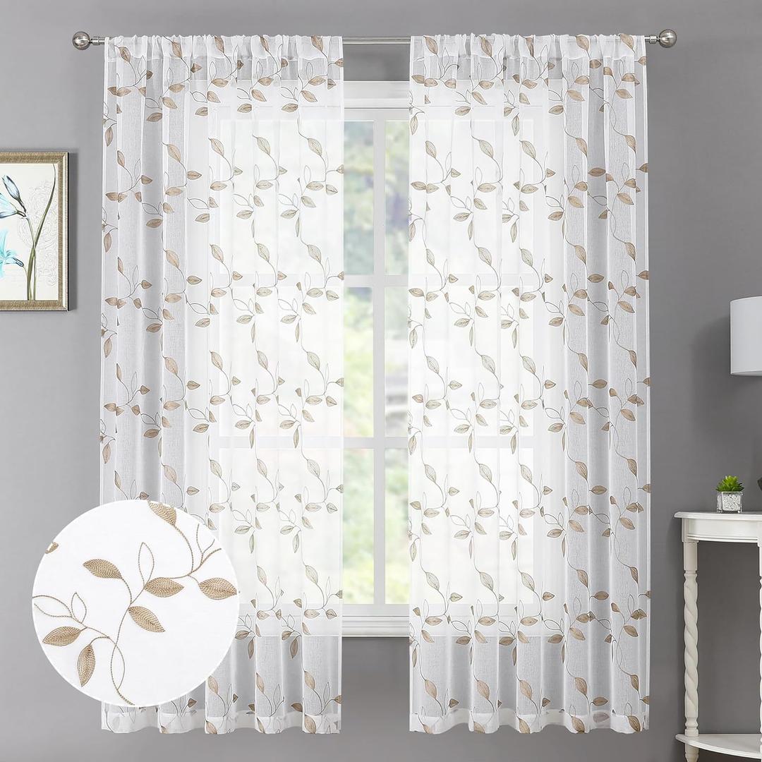 Tollpiz Taupe Leaf Sheer Curtain Leaves Embroidered Bedroom Curtains Rod Pocket Voile Window Treatments for Living Room, 38 x 63 inches Long, Set of 2 Panels