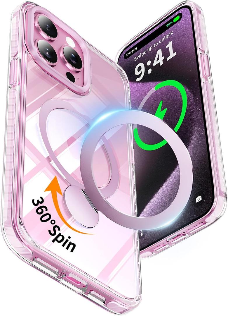 YOOVEI for iPhone 15 Pro Case,with Kickstand 360Rotatable Magnetic Invisible Ring Stand [Compatible with MagSafe],Shockproof Protective Slim Soft Edge,Phone Grip Cover 6.1'',Clear Pink