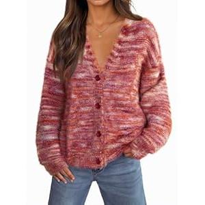 MEROKEETY Women's Fall Fuzzy Colorful Knit Cardigan Sweaters Winter Button Down Boho Casual Long Sleeve Outerwear Top, Red, Large