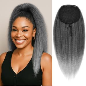 Long Gray Yaki Straight Drawstring Ponytail for Black Women 20inch Slight Kinky Straight Hair Pony Tail Hairpieces Synthetic Ponytail Extension(T1B/Gray)