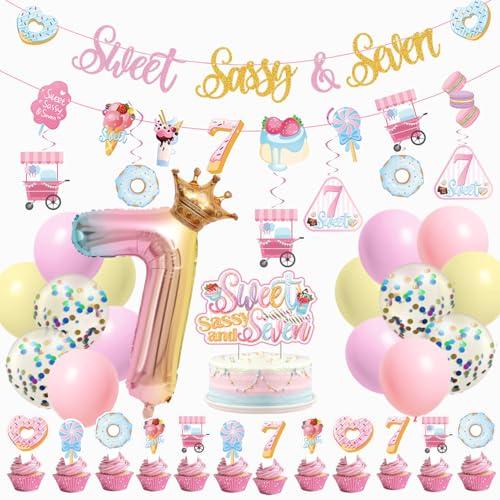JUYRLE Sweet Sassy And Seven Birthday Decorations- 7th Birthday Decorations For Girls With Donut Banner Sweet Cake Topper 7th Foil Balloon For 7th Donut Themed Party Decor Sweet Seven Party Supplies