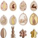 DN DECONATION Easter Hanging Ornaments, Rustic Wooden Bunny & Egg Decor with Embossed Pattern - Farmhouse Holiday Spring Tree, Table & Door Decorations DIY Gift Set of 12 (Brown, White and Yellow)