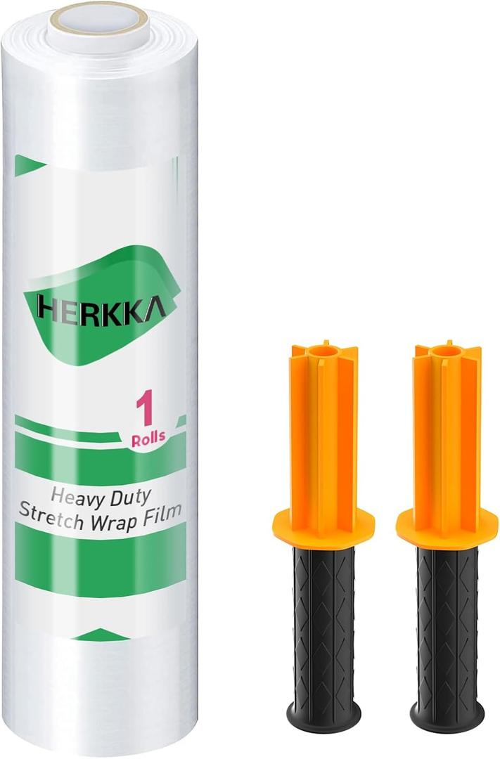 Stretch Film, HERKKA Stretch Wrap with Handles Industrial Strength, Moving Wrapping Plastic Roll, Shrink Wrap for Pallet Wrap, 15" x 1000 Feet, 1 Pack, 60 Gauge