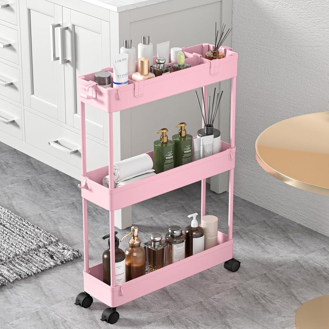 SPACELEAD Slim Storage Cart 3 Tier,Bathroom Organizer Rolling Utility,Mobile Shelving Unit Slide Out for Office, Kitchen, Laundry Room & Narrow Places,Pink
