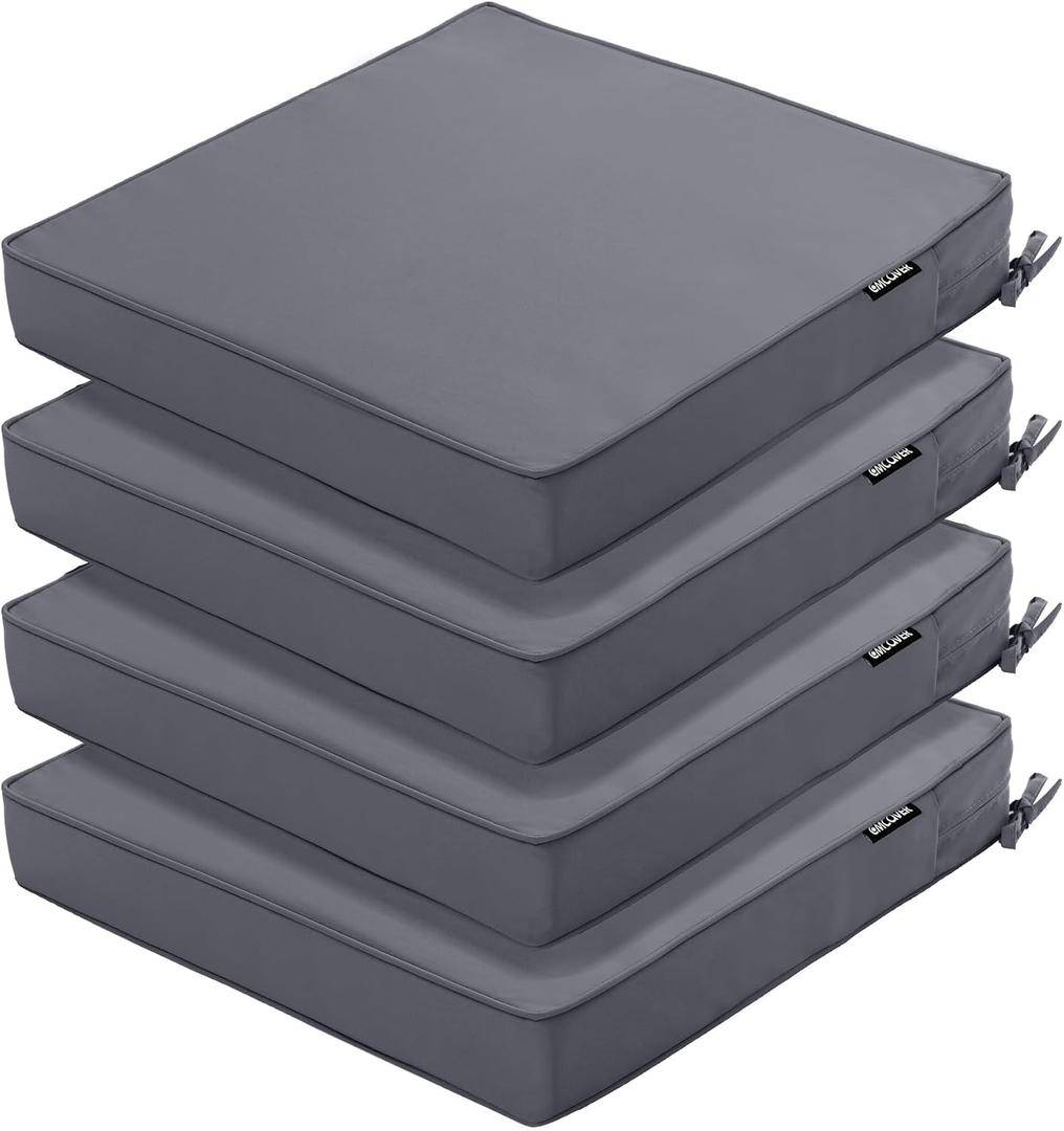 Outdoor Chair Cushions 16 x 17 Inch, Set of 4, Water Resistant Patio Chair Cushions with Tie 3 Year Color Fastness Thick Outdoor Seat Cushion for Garden Lawn Patio Furniture Dark Grey