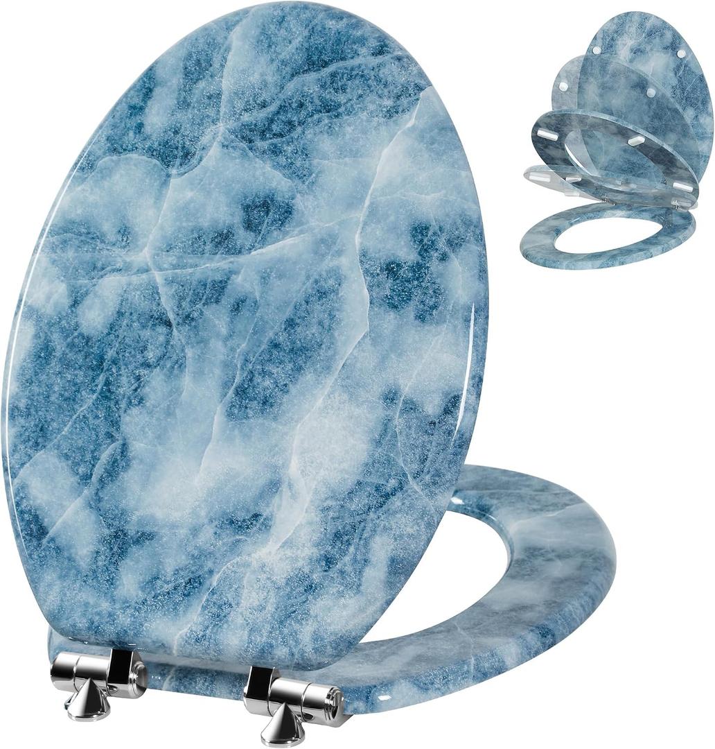 Angol Shiold Elongated Wooden Toilet Seat, 18.5", Blue Marble