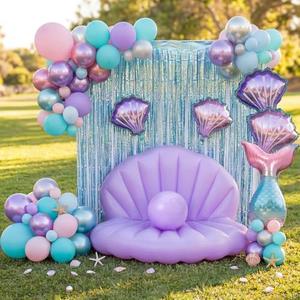Motionchic 55 Inch Inflatable Seashell Pool Float with 154 Mermaid Party Balloon Garland Kit Giant Clam Floaties with 9.8'' Pearl Ball Mermaid Birthday Party Decoration for Under The Sea