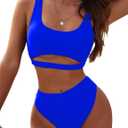 Blooming Jelly Women's High Waisted Bikini Sets High Cut Bathing Suits Two Piece Sporty Cut Out Swimsuits (Medium, Blue)