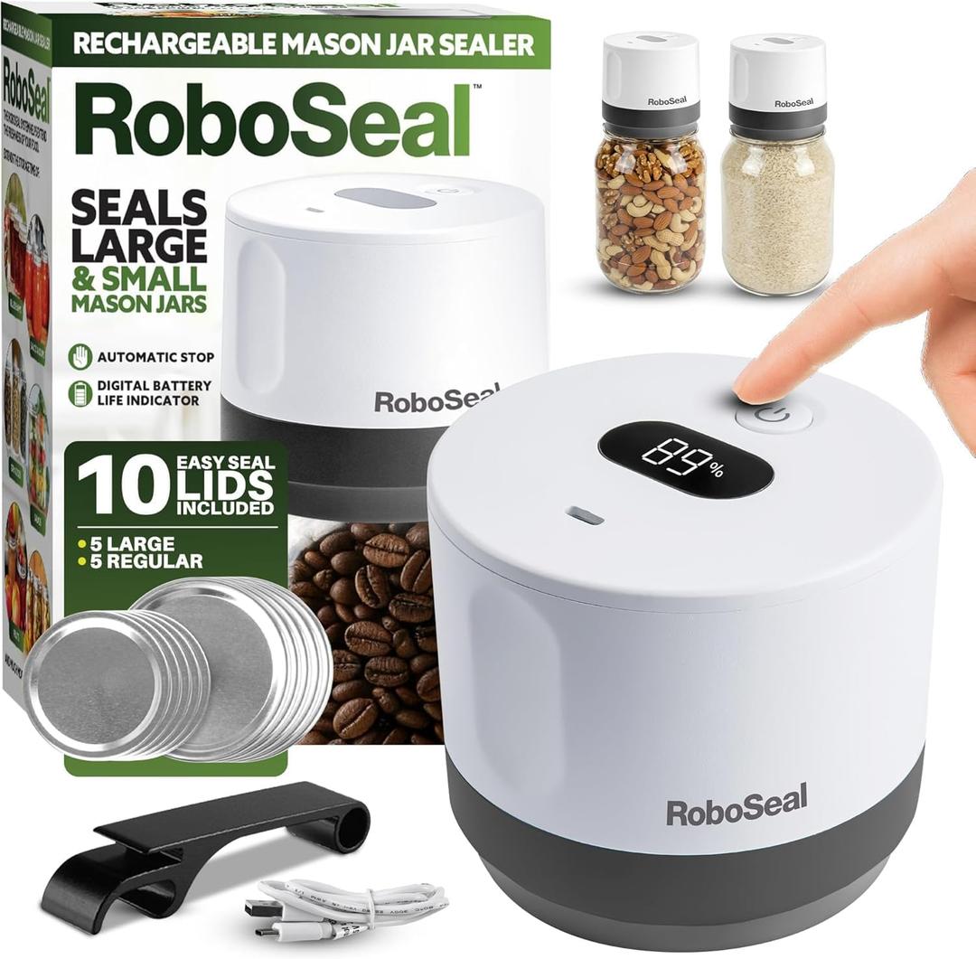 RoboSeal Rechargeable Mason Jar Vacuum Sealer for Mason Jars Wide & Regular Mouth, One Touch Operation, 50 Jar Lids and Jar Opener Included, Digital Battery Indicator, Preserves Foods 5x Longer